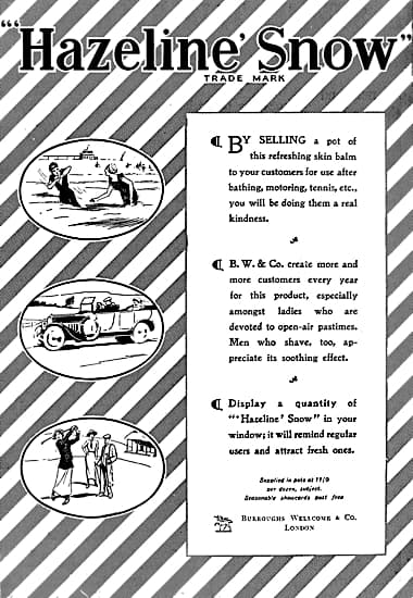1914 Trade advertisement for Hazeline Snow