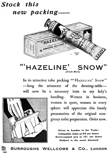 1930 Trade advertisement for Hazeline Snow