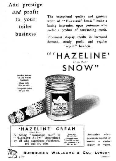 1934 Trade advertisement for Hazeline Snow and Hazeline cream