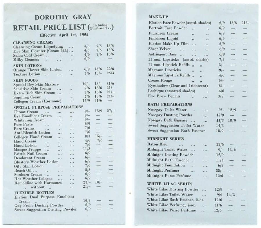 Dorothy Gray 1954 Price List