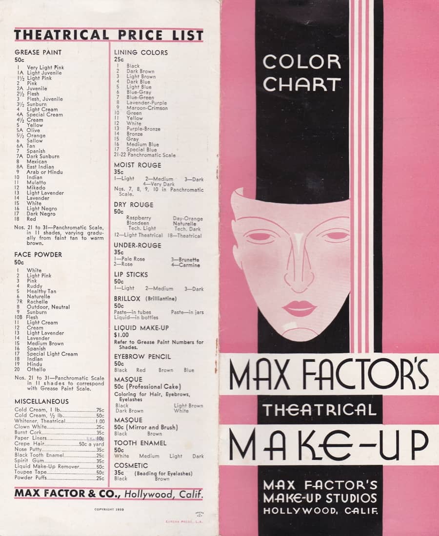 1933 Theatrical Make-up Color Chart panel 1