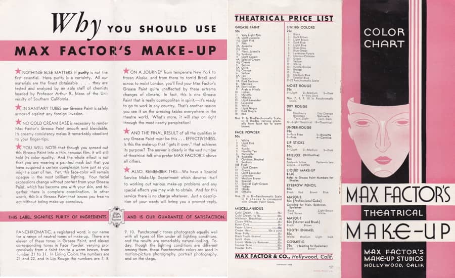 1933 Theatrical Make-up Color Chart side 1