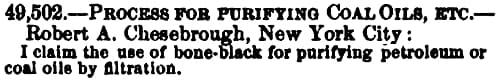 1860 Patent application for purifying coal oils