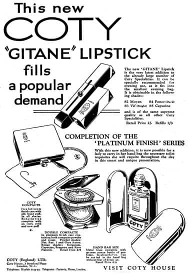 1929 Trade advertisement for Coty Gitane Lipsticks