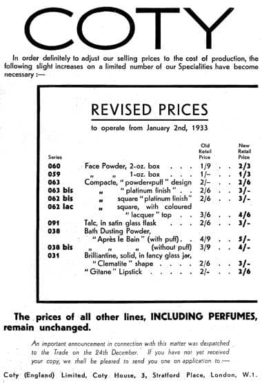 1933 Notification of price rises by Coty