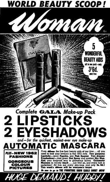 1962 Gala Shadow Stick Baton, Locked-In Lipstick Baton and Galamatic Mascara