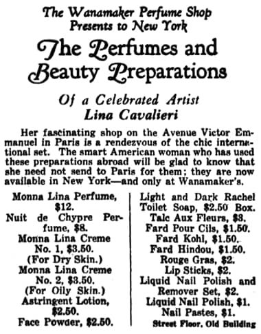1926 Lina Cavalieri products at Wanamakers
