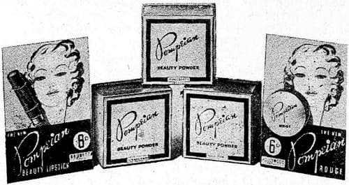 1938 Product display for Pompeian lipsticks, rouge and face powder