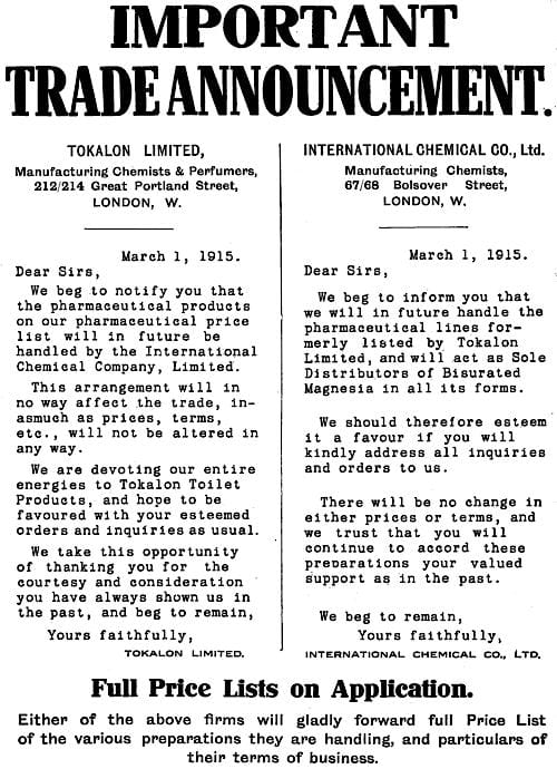 1915 Trade announcement for the creation of the International Chemical