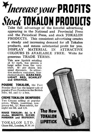 1937 Trade advertisment for Tokalon Lipstick