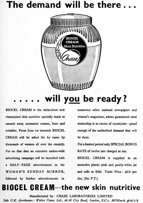 1958 Trade advertisement for Chase Biocel Cream