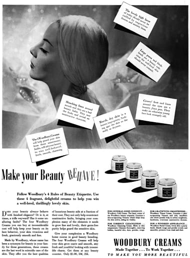 1939 Woodbury Cold Cream, Cleansing Cream, Tissue Cream, and Facial Cream