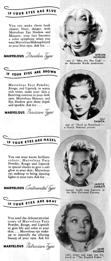 1931 Richard Hudnut beauty types based on eye colour
