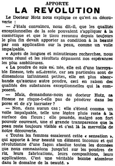 1948 Article by Docteur Hotz on powdered silk