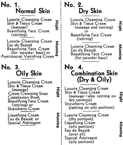 1934 Harriet Hubbard Ayer treatments for different skin types
