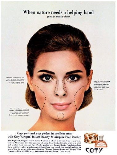 1964 Coty. Applying make-up in problem areas