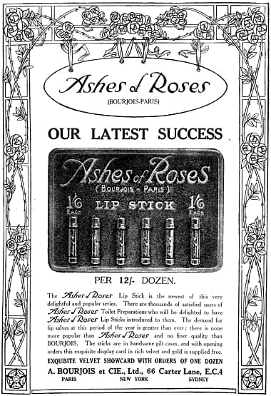 1923 Trade advertisement for Bourjois Ashes of Roses Lipsticks