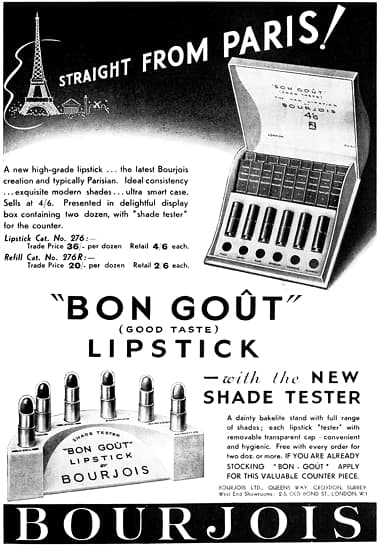 1938 Trade advertisement for Bon Gout Lipsticks