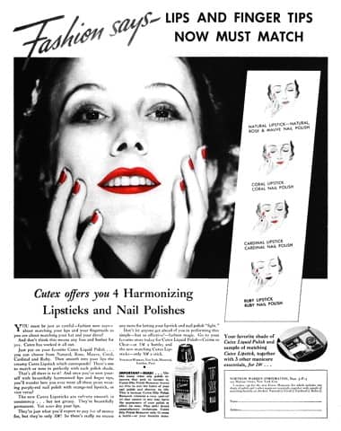 1935 Cutex Liquid Polish and four matching lipsticks