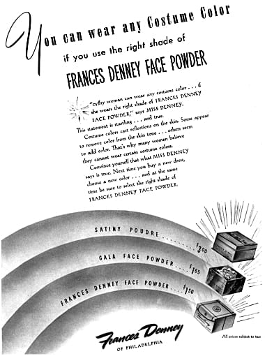 1943 Frances Denney Face Powder, Gala Face Powder, and Satiny Poudre