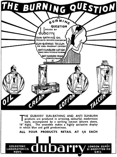 1934 Trade advert for Dubarry Sun-Bathing and Anti-Sunburn cosmetics