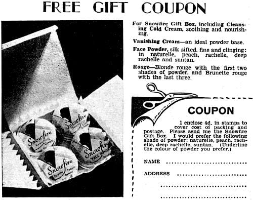 1935 Free gift coupon for a Snowfire Gift Box