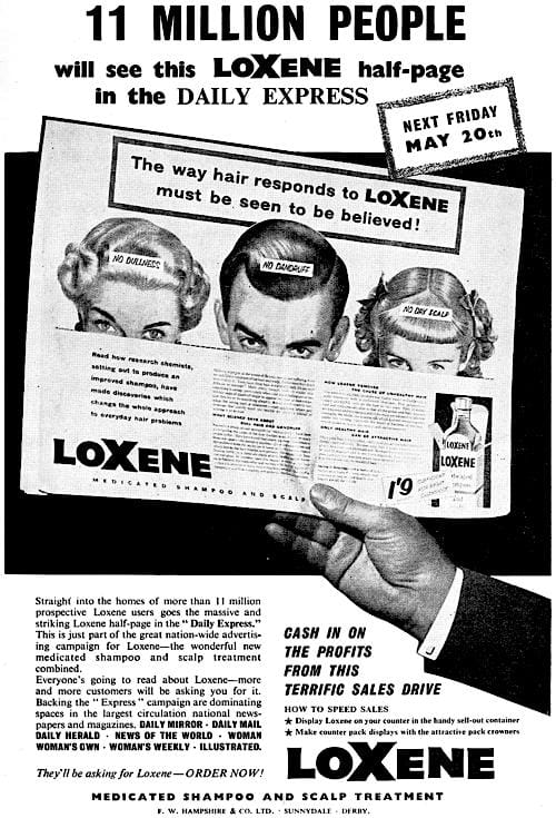 1955 Trade advertisment for Loxene Medicated Shampoo