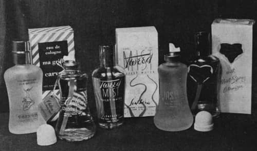 A range of early aerosol fragrances sold in glass containers